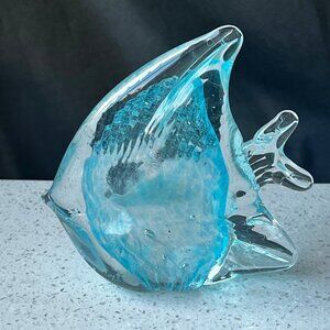 Handcrafted Blue & Clear Glass Fish Figurine Paperweight 5.5" Tall Decorative